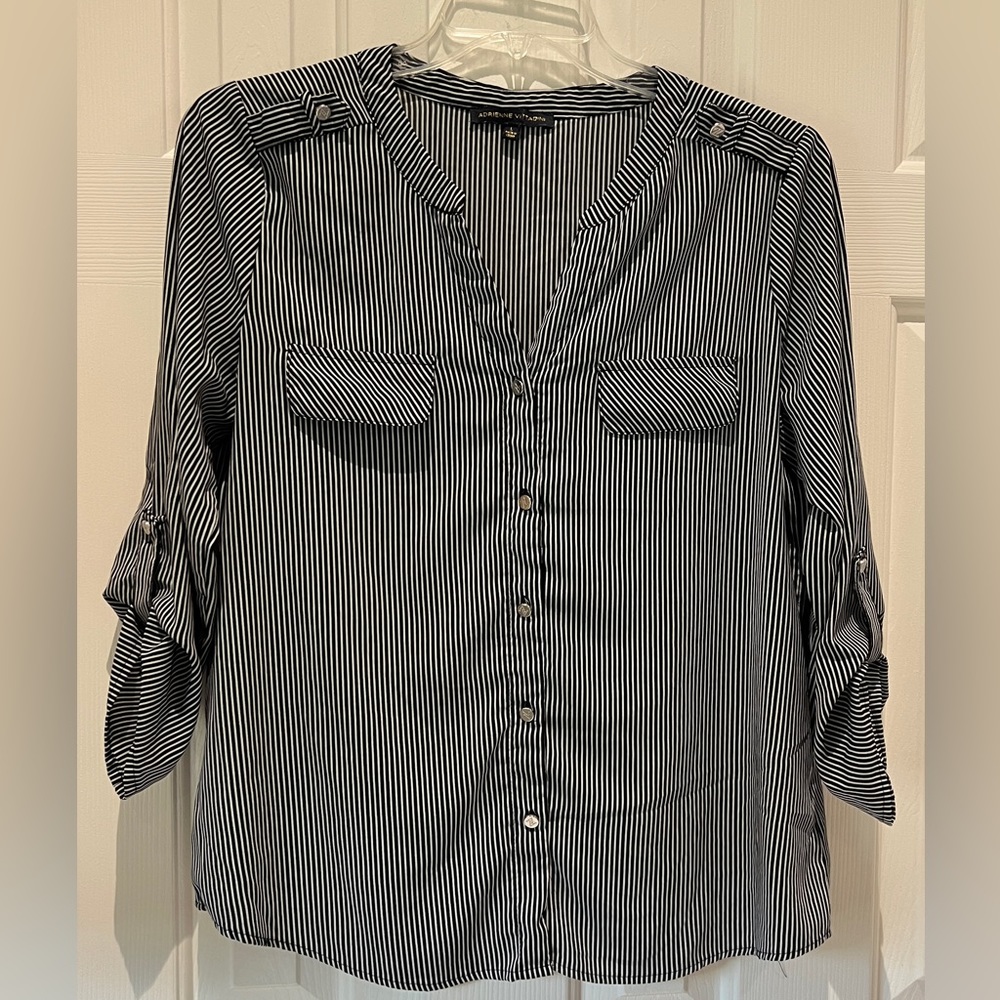 Adrienne Vittadini  Blouse Woman's Small Button Front Black White Stripe…